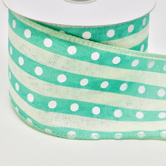10 Yards - 2.5” Wired Mint and Cream Polka Dot Stripe Ribbon