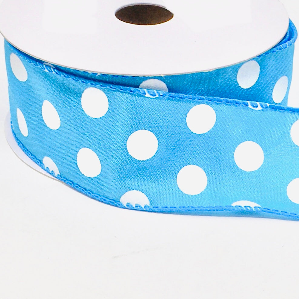 10 Yards - 1.5" Wired Turquoise Blue and White Satin Polka Dot Ribbon