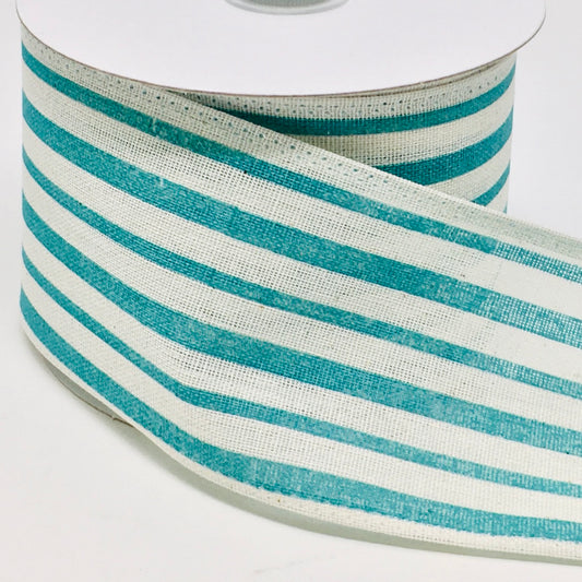 10 Yards - 2.5" Wired Blue and Cream Stripe Canvas Ribbon