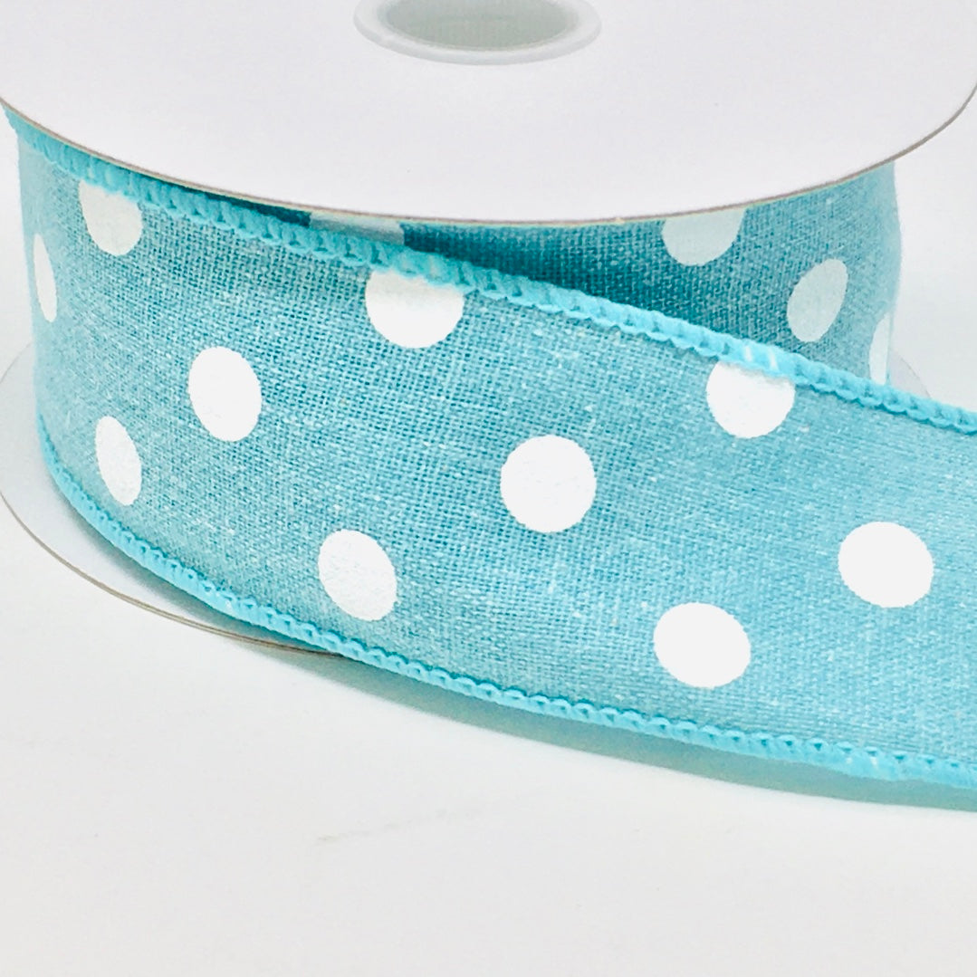 10 Yards - 1.5" Wired Blue and White Polka Dot Ribbon