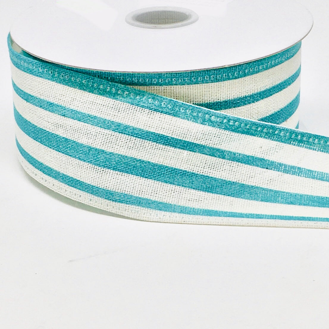 10 Yards - 1.5" Wired Blue and Cream Stripe Canvas Ribbon