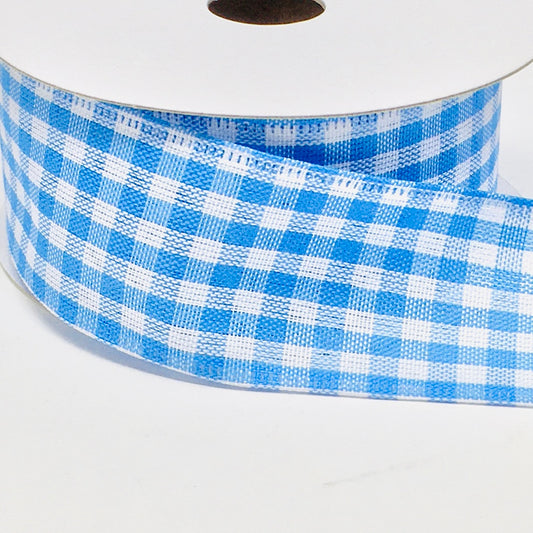 10 Yards - 1.5" Wired Blue and White Gingham Check Ribbon