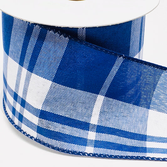 10 Yards - 2.5" Wired Blue and White Plaid Ribbon