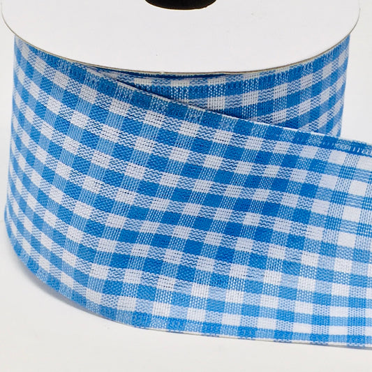 10 Yards - 2.5" Wired Blue and White Gingham Check Ribbon