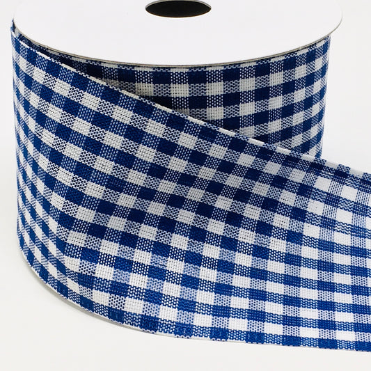 10 Yards - 2.5" Wired Navy Blue and White Gingham Check Ribbon