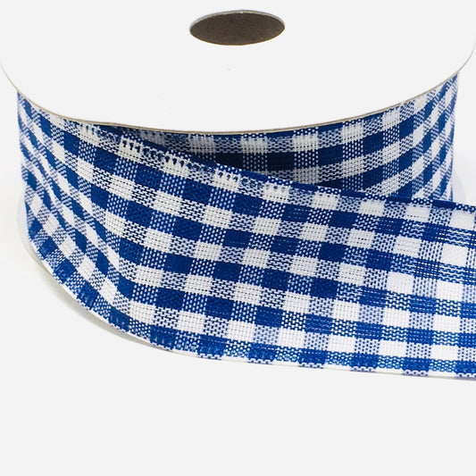 10 Yards - 1.5" Wired Navy Blue and White Gingham Check Ribbon