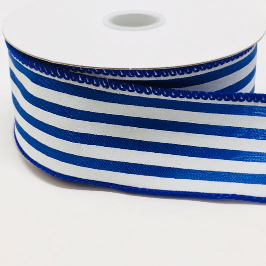 10 Yards - 1.5” Wired Blue and White Stripe Satin Ribbon