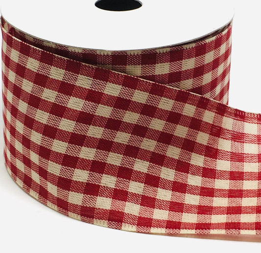 10 Yards - 2.5" Wired Burgundy and Cream Gingham Check Ribbon