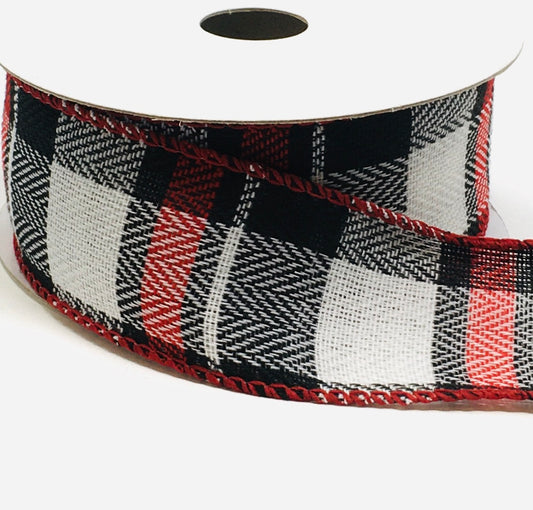 10 Yards - 1.5" Wired Black, Red, and White Check Ribbon