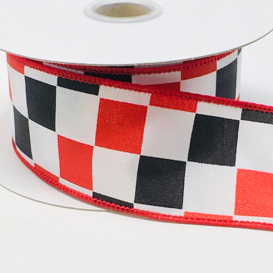 10 Yards - 1.5" Wired Black, Red, and White Race Check Ribbon