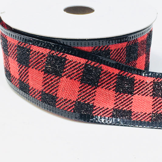 10 Yards - 1.5" Wired Red and Black Glitter Check Ribbon