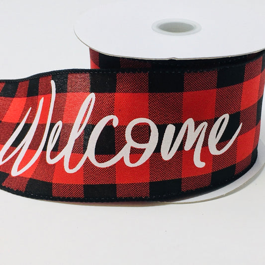 10 Yards - 2.5" Wired Red and Black Buffalo Check Welcome Ribbon