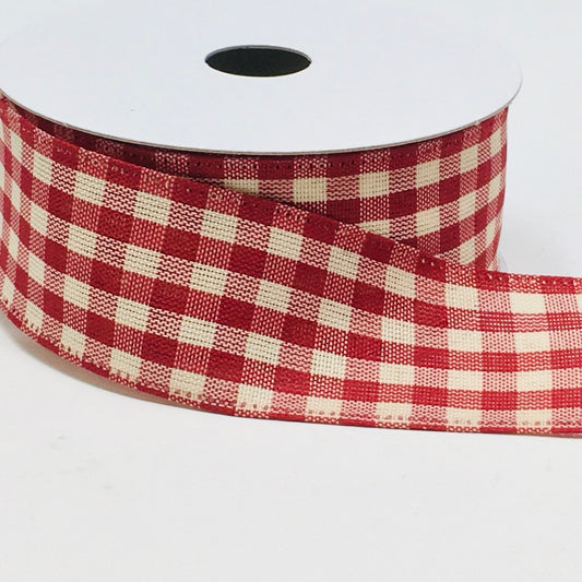 10 Yards - 1.5" Wired Burgundy and Cream Gingham Check Ribbon