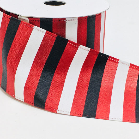 10 Yards - 2.5" Wired Red, Black, and White Striped Ribbon