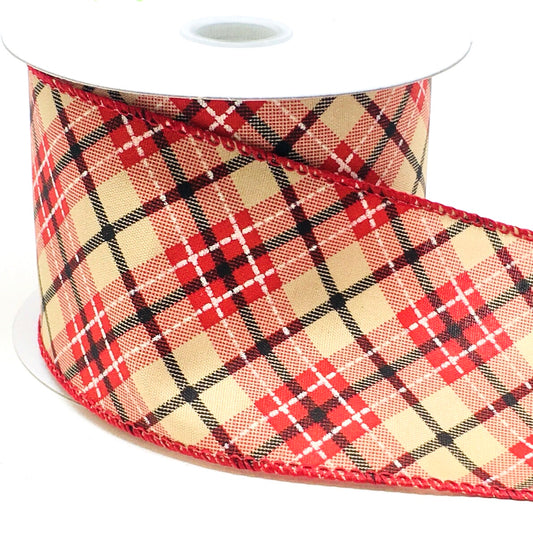 10 Yards - 2.5" Wired Red, Tan, Black, and White Cross Plaid Ribbon