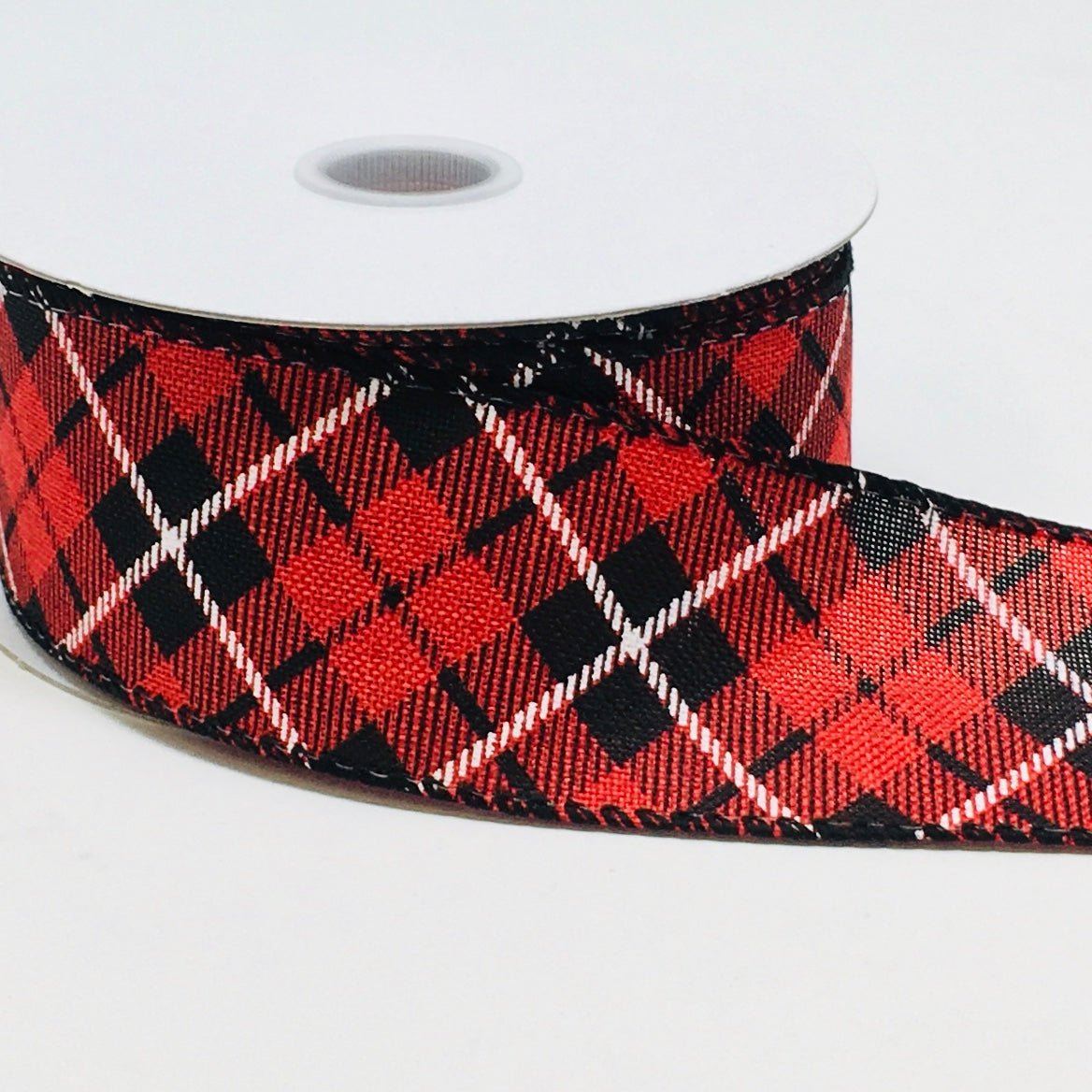 10 Yards - 1.5" Wired Red, Black, and White Cross Plaid Ribbon