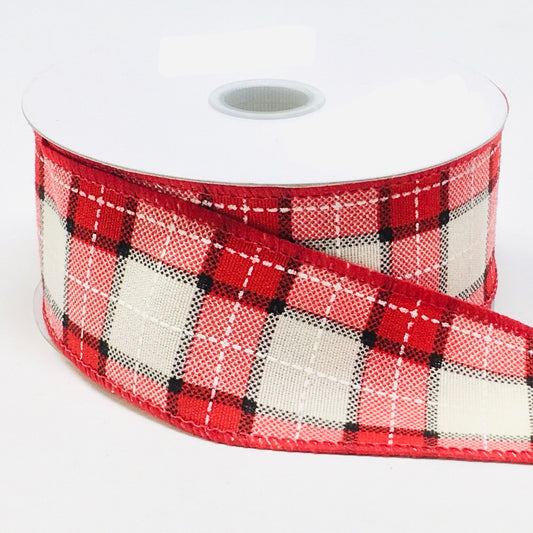 10 Yards - 1.5" Wired Red, Black, Cream, and White Check Ribbon