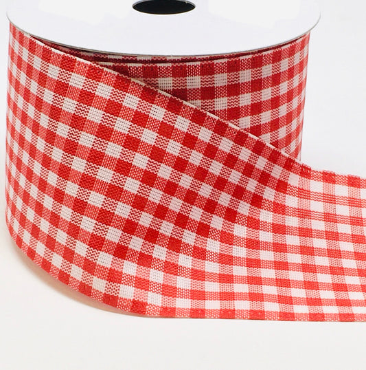 10 Yards - 2.5" Wired Red and White Gingham Check Ribbon