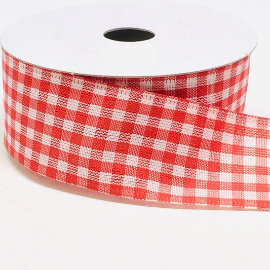 10 Yards - 1.5" Wired Red and White Gingham Check Ribbon