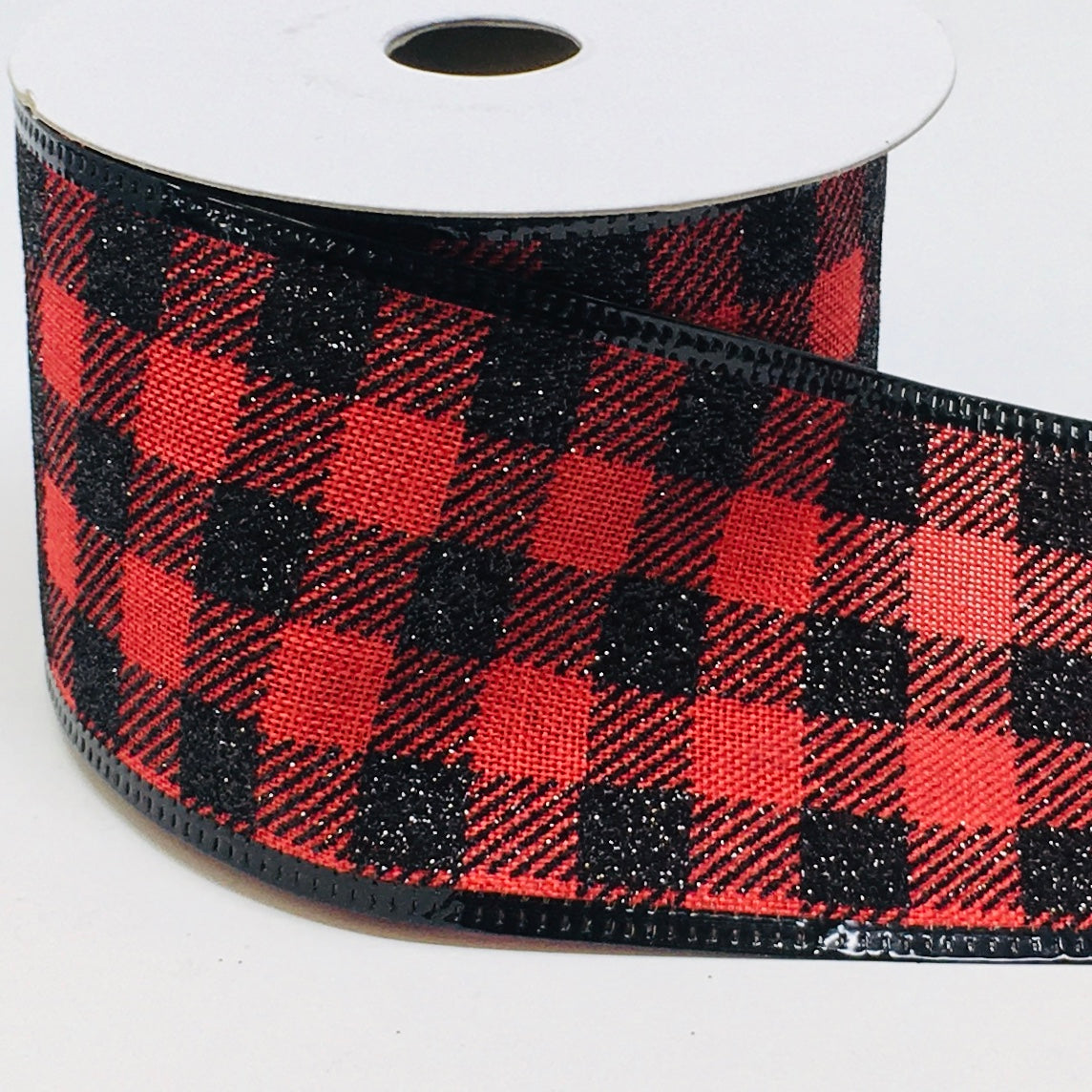 10 Yards - 2.5" Wired Red and Black Glitter Check Ribbon