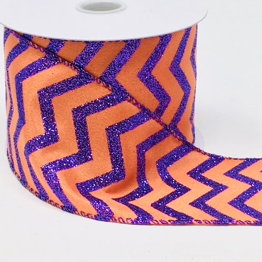 10 Yards - 2.5" Wired Orange and Purple Glitter Chevron Ribbon