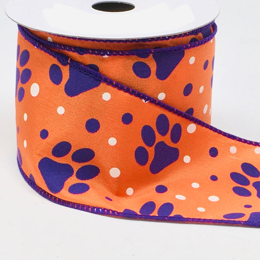 10 Yards - 2.5" Wired Orange, Purple, and White Paw Print Dog Ribbon