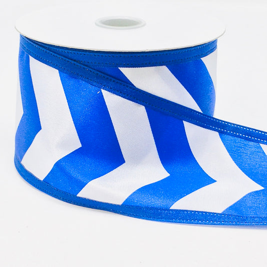 10 Yards - 2.5" Wired Royal Blue and White Chevron Ribbon