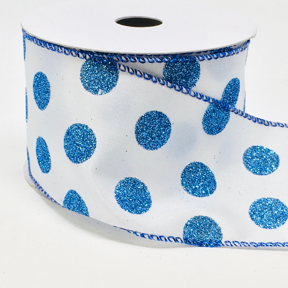 10 Yards - 2.5" Wired Blue Glitter Satin Polka Dot Ribbon