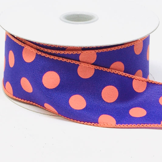 10 Yards - 1.5" Wired Orange and Purple Polka Dot Ribbon