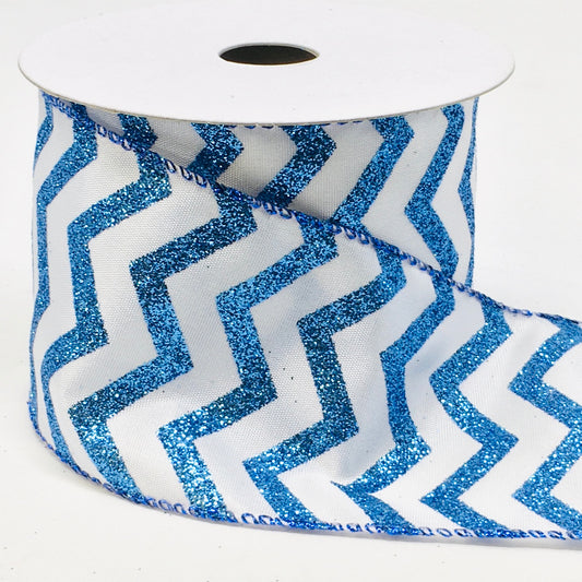 10 Yards - 2.5" Wired Blue and White Glitter Chevron Ribbon