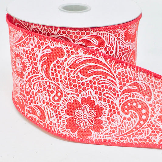 10 Yards - 2.5" Wired Red and White Patterned Ribbon