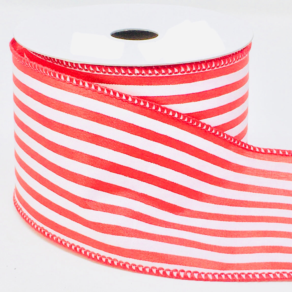 10 Yards - 2.5" Wired Red and White Stripe Ribbon