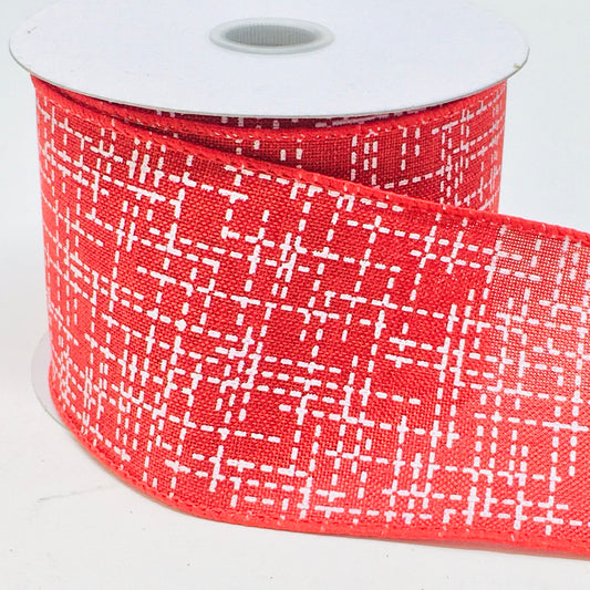 10 Yards - 2.5" Wired Red and White Abstract Ribbon