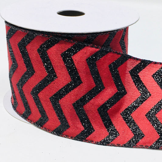 10 Yards - 2.5" Wired Garnet and Black Glitter Chevron Ribbon