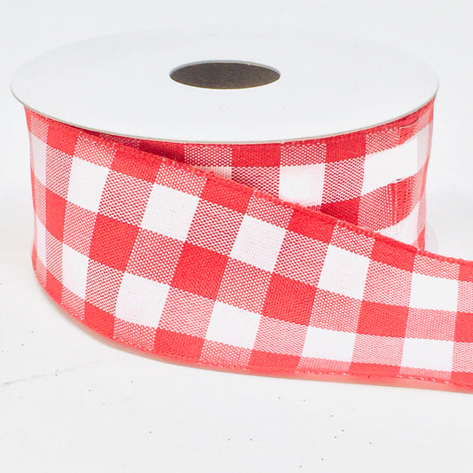 10 Yards - 1.5" Wired Red and White Check Ribbon