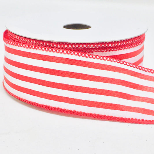 10 Yards - 1.5" Wired Red and White Stripe Ribbon