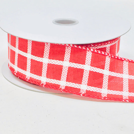 10 Yards - 1.5" Wired Red and White Stitched Check Ribbon