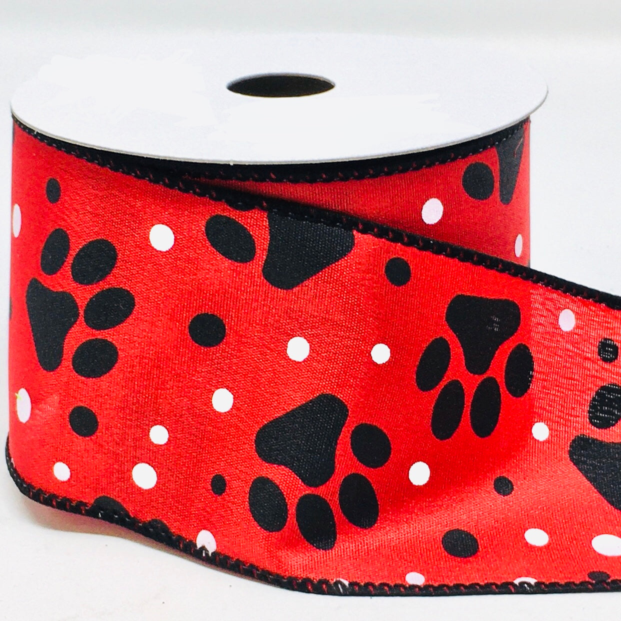 10 Yards - 2.5 Wired Red, Black, and White Paw Print Dog Ribbon