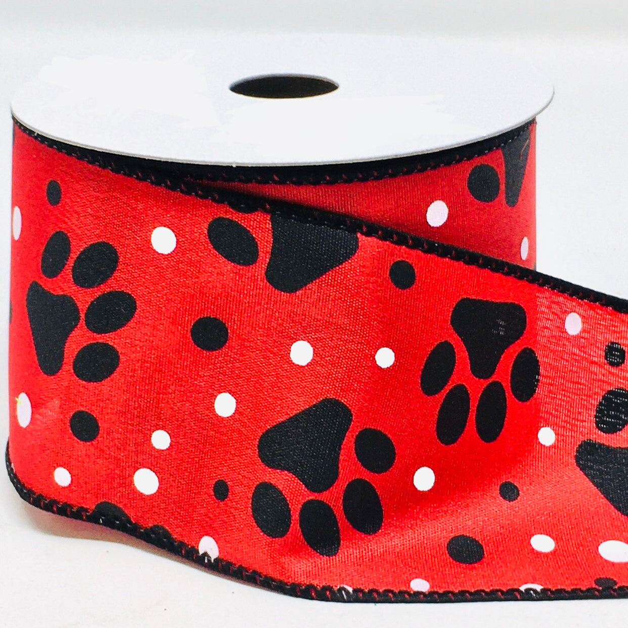 10 Yards - 2.5" Wired Red, Black, and White Paw Print Dog Ribbon