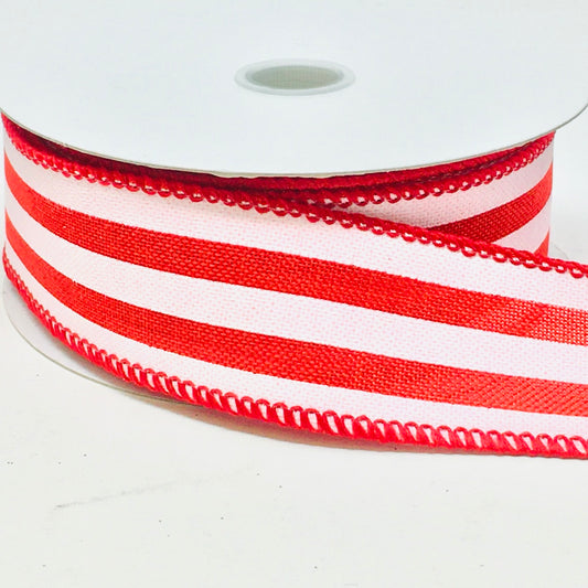 10 Yards - 1.5" Wired Red and White Stripe Ribbon