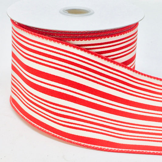 10 Yards - 2.5" Wired Red and Cream Stripe Ribbon