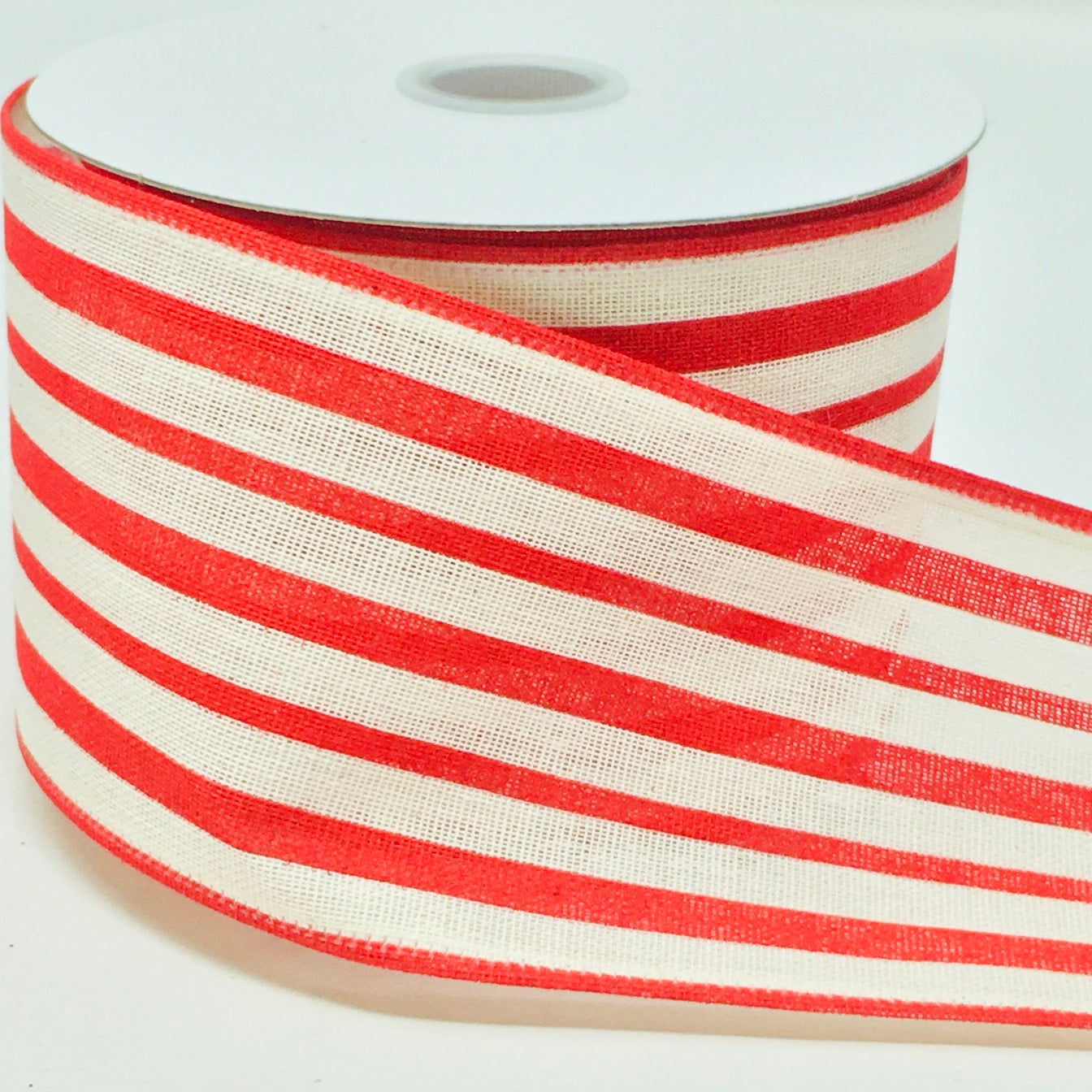 10 Yards - 2.5" Wired Red and Cream Stripe Ribbon