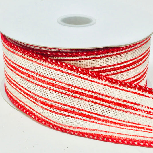 10 Yards - 1.5" Wired Red and Cream Ticking Stripes Ribbon