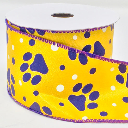 10 Yards - 2.5" Wired Yellow, Purple, and White Paw Print Dog Ribbon