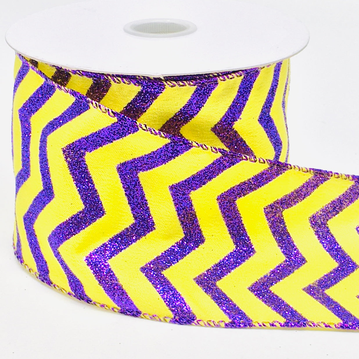 10 Yards - 2.5" Wired Yellow and Purple Glitter Chevron Ribbon