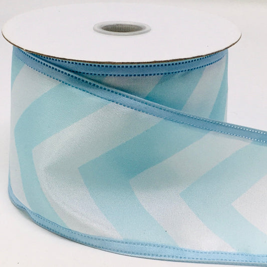 10 Yards - 2.5" Wired Light Blue and White Chevron Ribbon