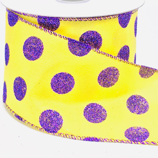 10 Yards - 2.5" Wired Yellow and Purple Glitter Polka Dot Ribbon