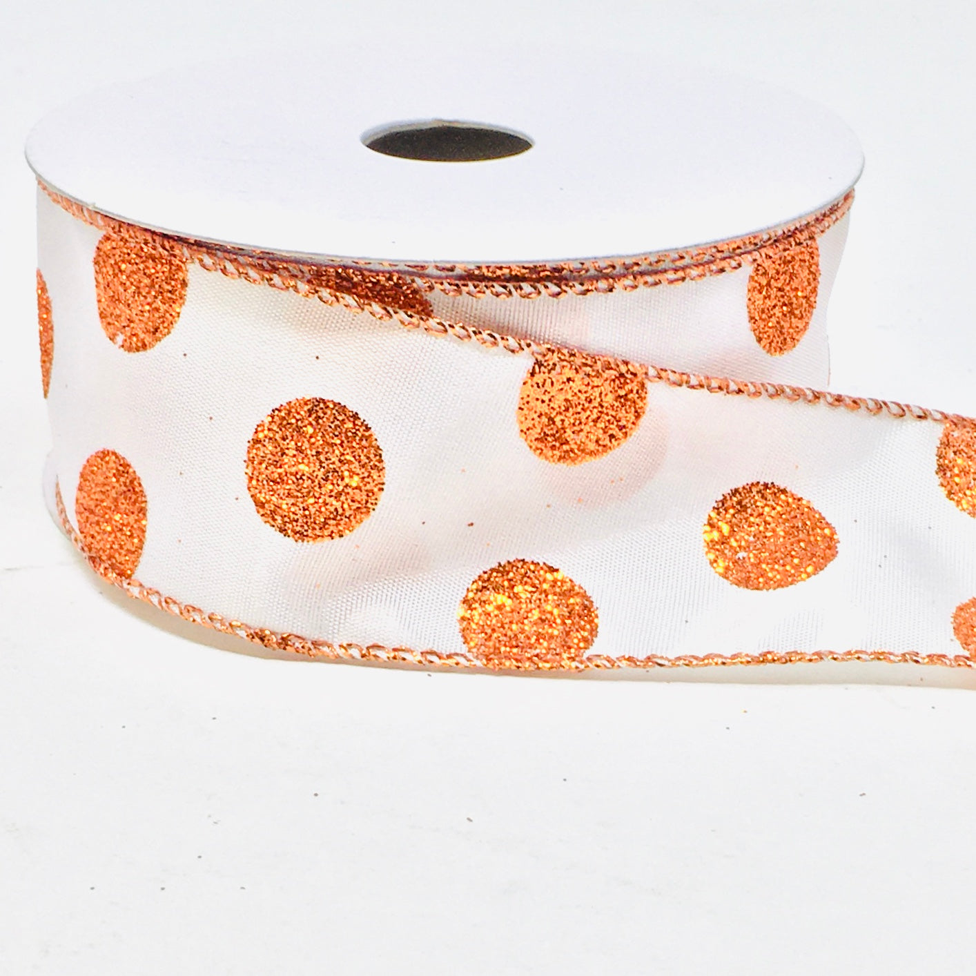 10 Yards - 1.5" Wired White with Orange Glitter Polka Dots Ribbon