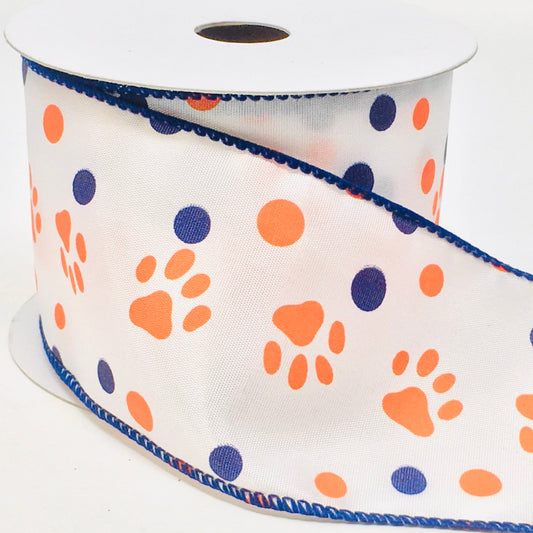 10 Yards - 2.5" Wired White Background Navy and Orange Paw Print Dog Ribbon