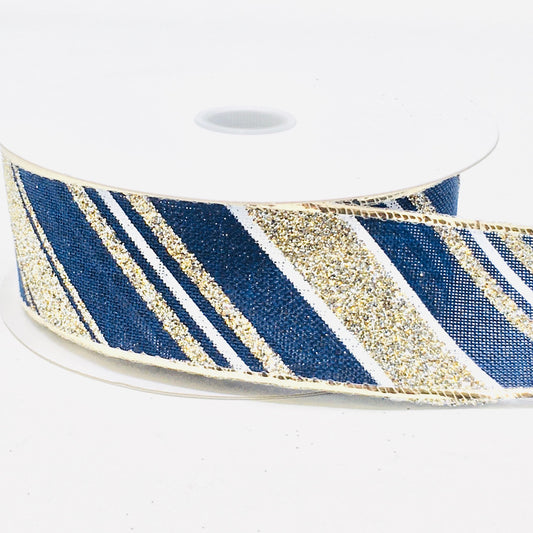 10 Yards - 1.5" Wired Navy with Gold Glitter and White Swirl Stripe Ribbon